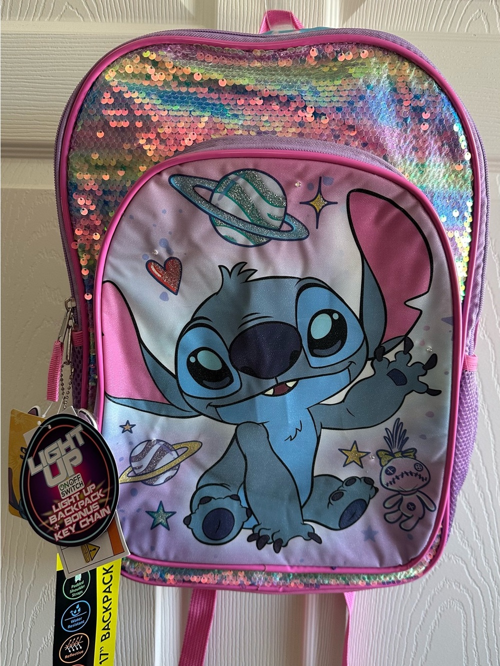 Disney Lilo & Stitch Backpack Pink Sequin Kids 17” lights key chain new